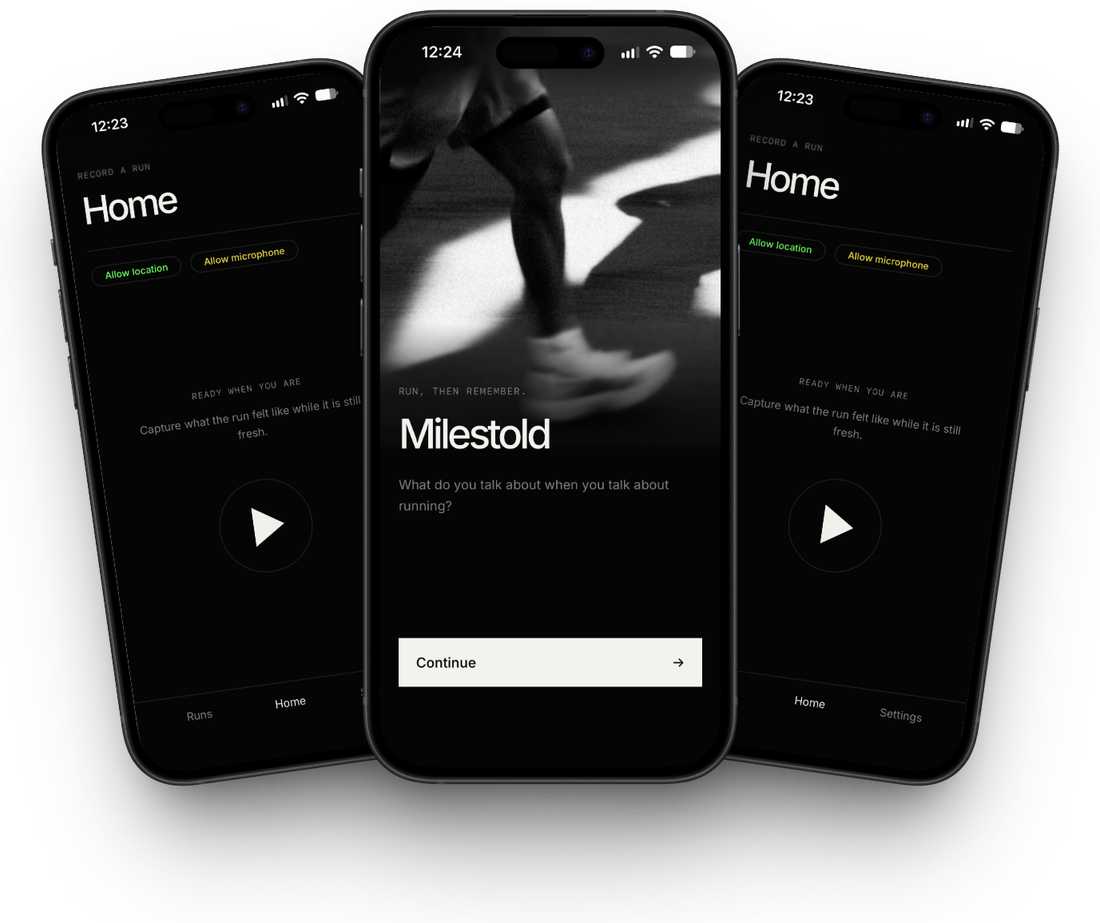The Milestold app on three phones, showing the home and onboarding screens